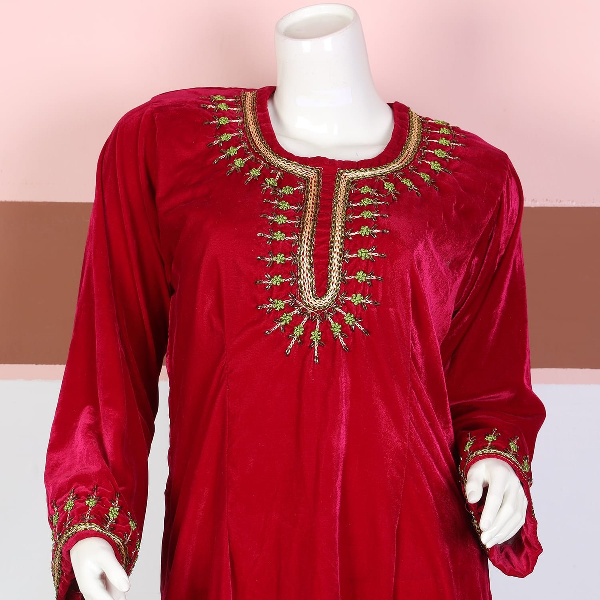 Red Velvet Afghan Dress with Green and Gold Embroidery 1