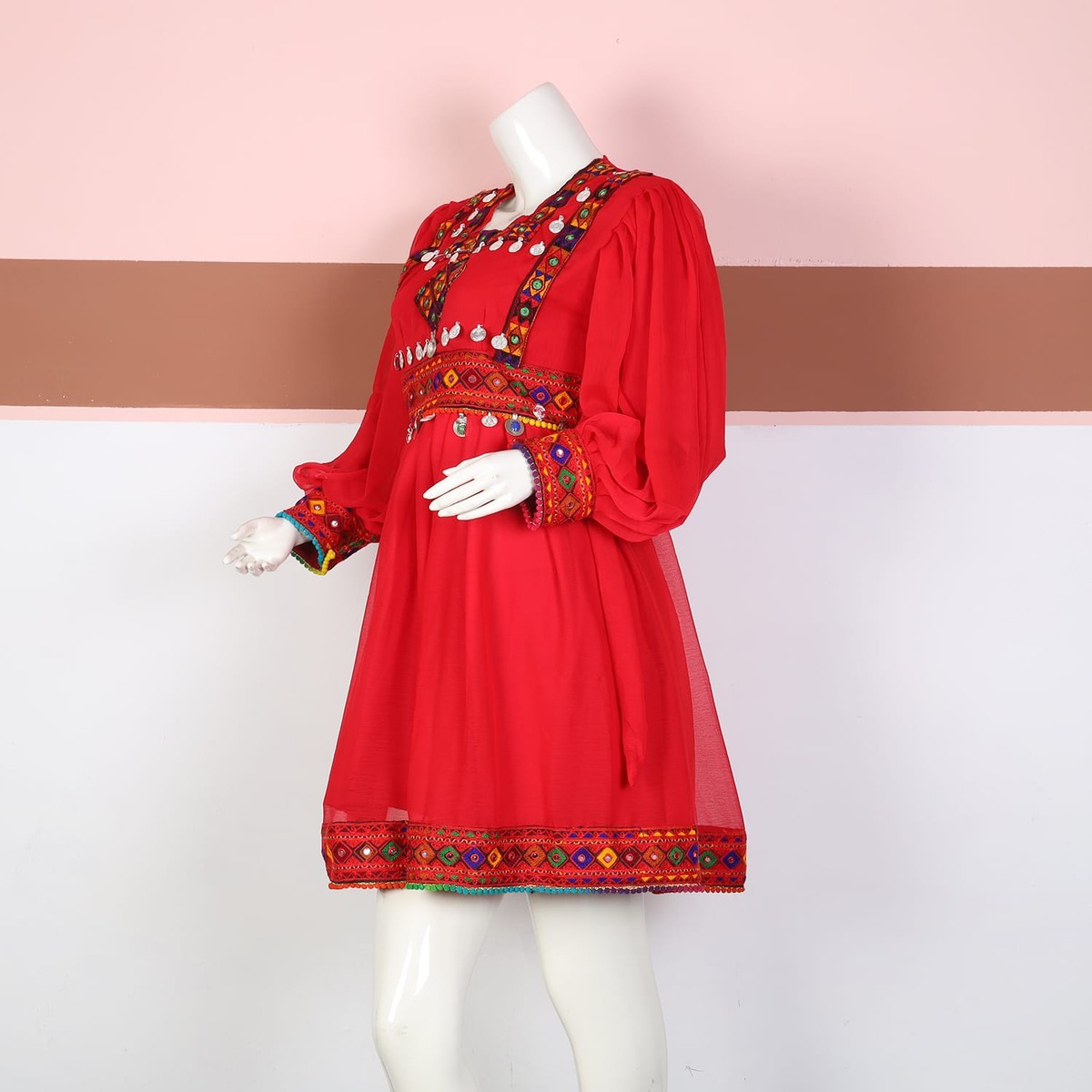 Red Traditional Afghan Dress with Colorful Embroidery and Coin Embellishments 1