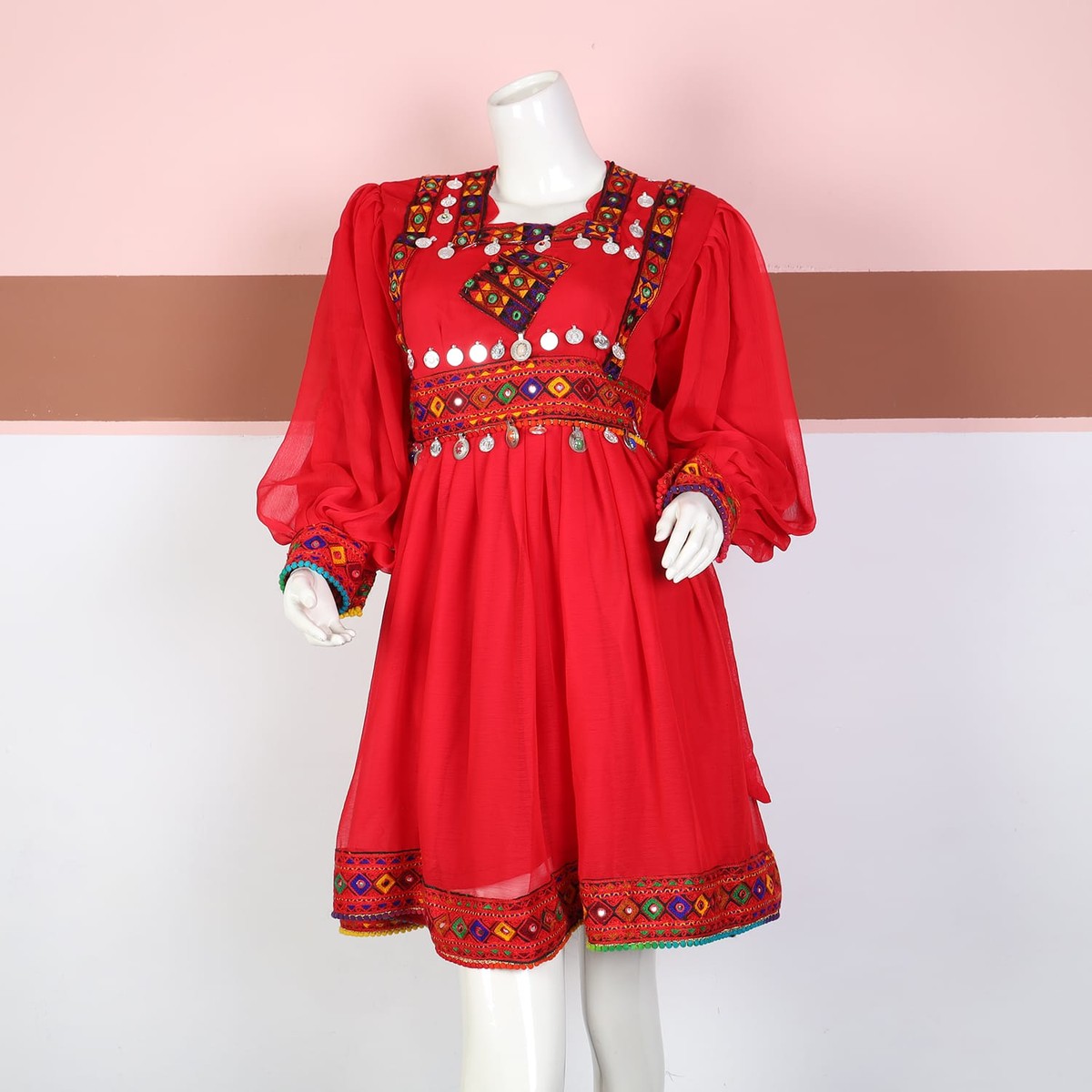 Red Traditional Afghan Dress with Colorful Embroidery and Coin Embellishments 4