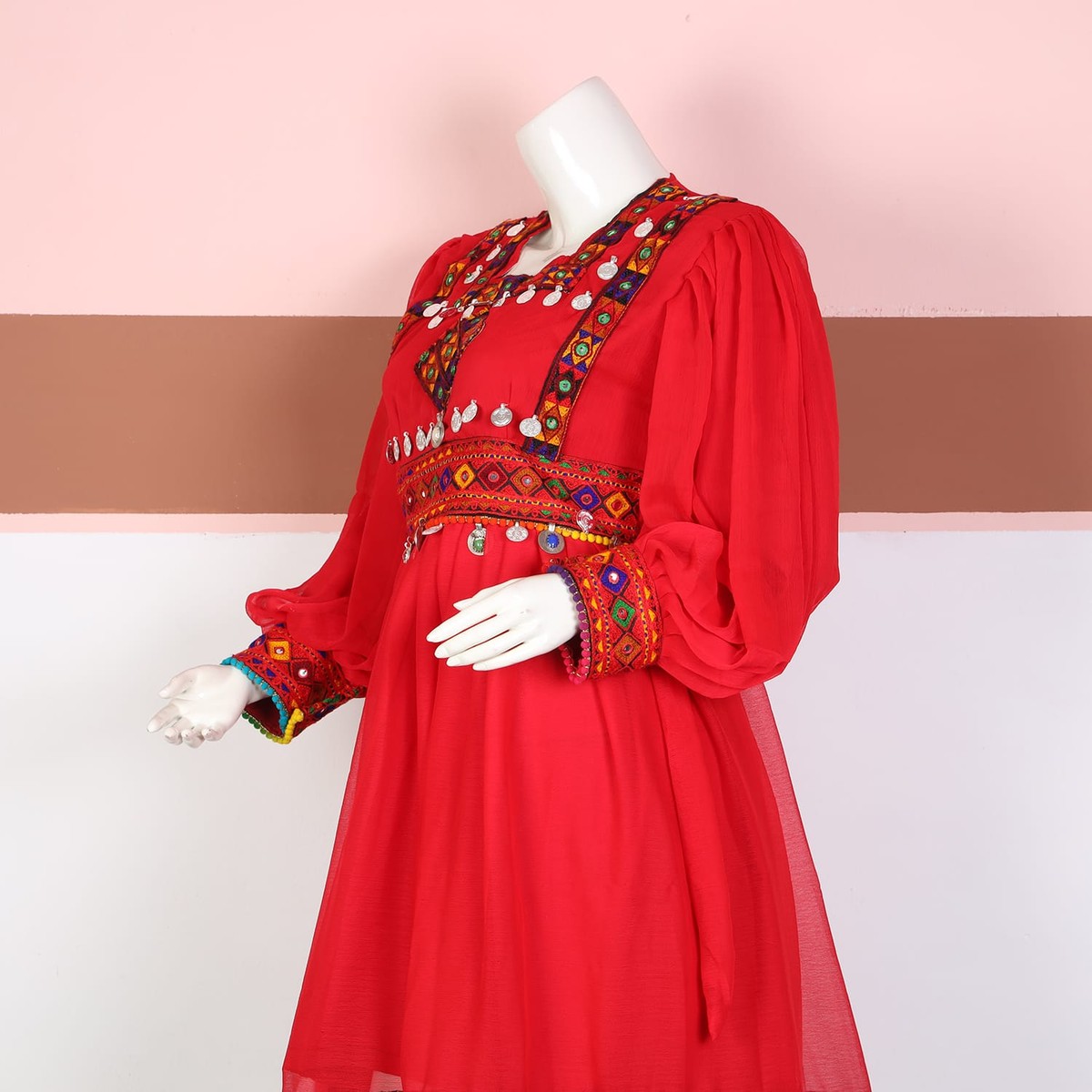 Red Traditional Afghan Dress with Colorful Embroidery and Coin Embellishments 2