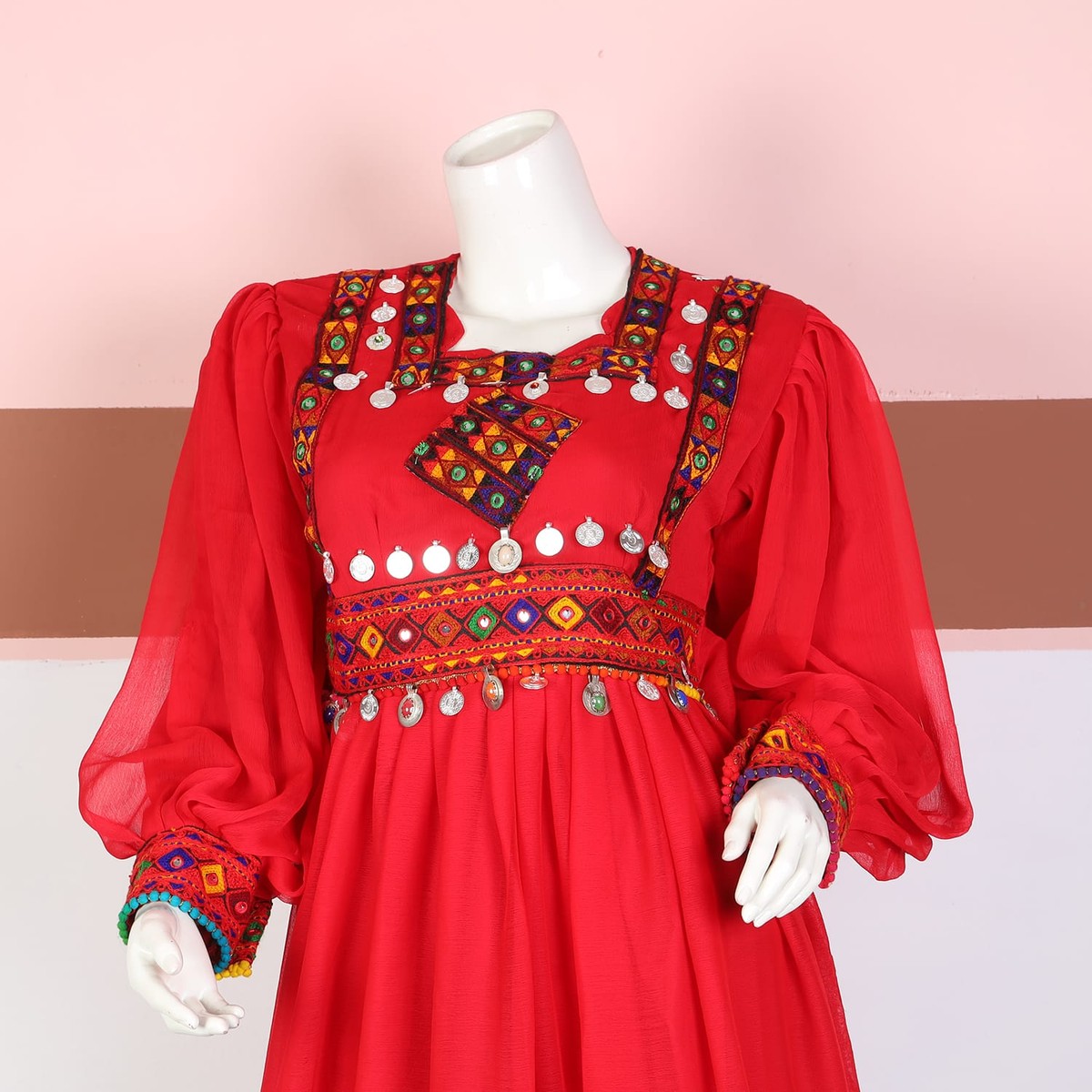 Red Traditional Afghan Dress with Colorful Embroidery and Coin Embellishments 3