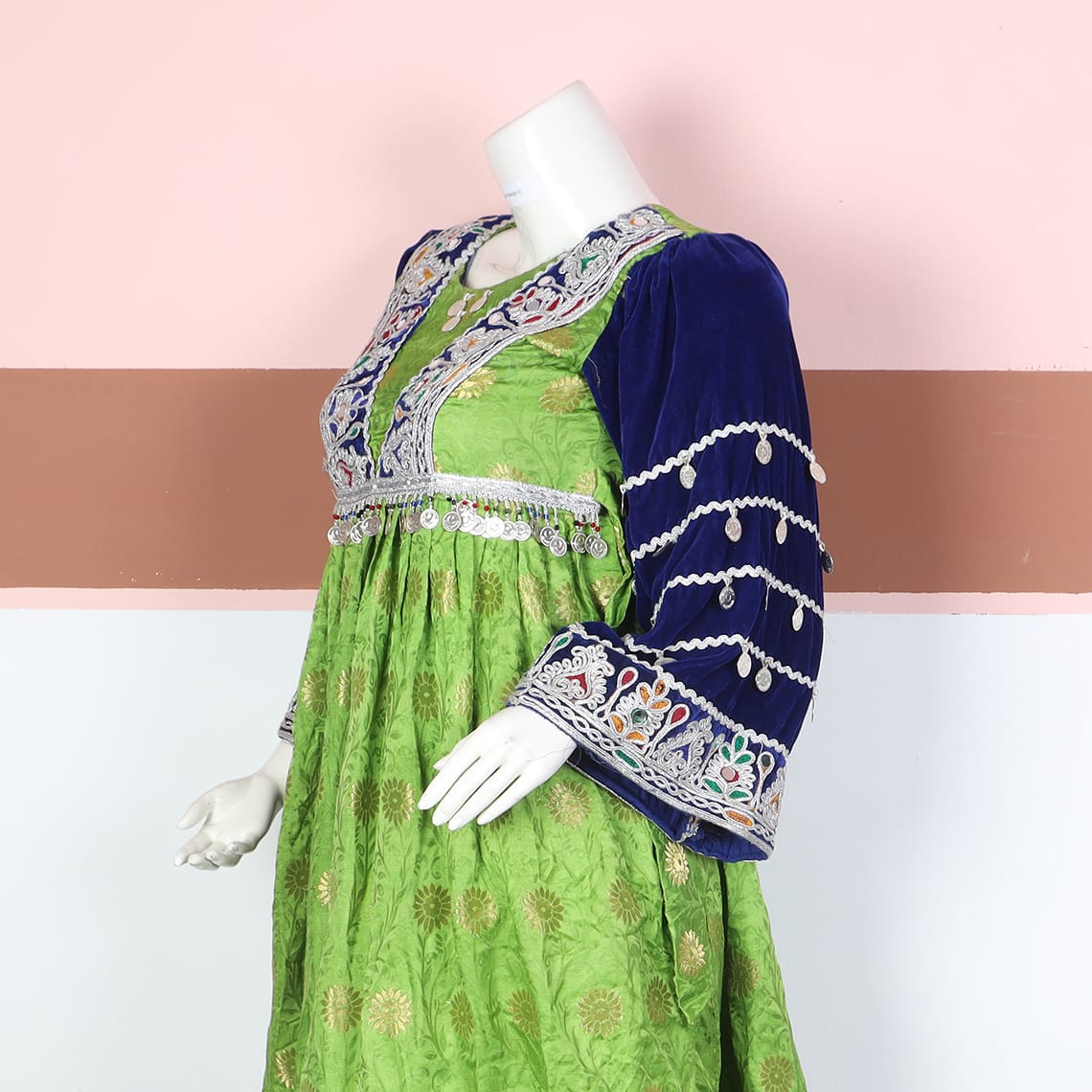 Green and Navy Blue Traditional Afghan Dress with Embroidery and Coin Detailing 1