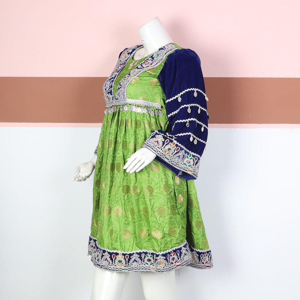 Green and Navy Blue Traditional Afghan Dress with Embroidery and Coin Detailing 2