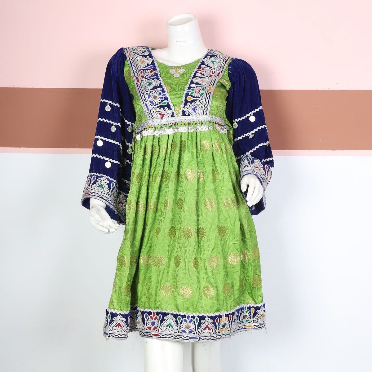 Green and Navy Blue Traditional Afghan Dress with Embroidery and Coin Detailing 3