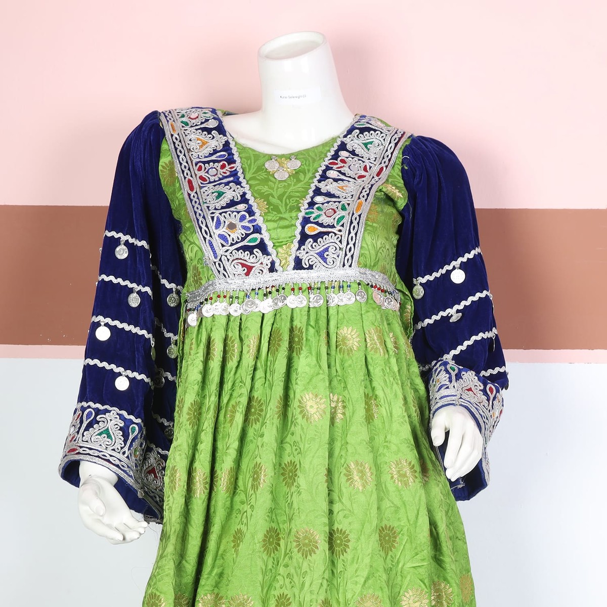 Green and Navy Blue Traditional Afghan Dress with Embroidery and Coin Detailing 4