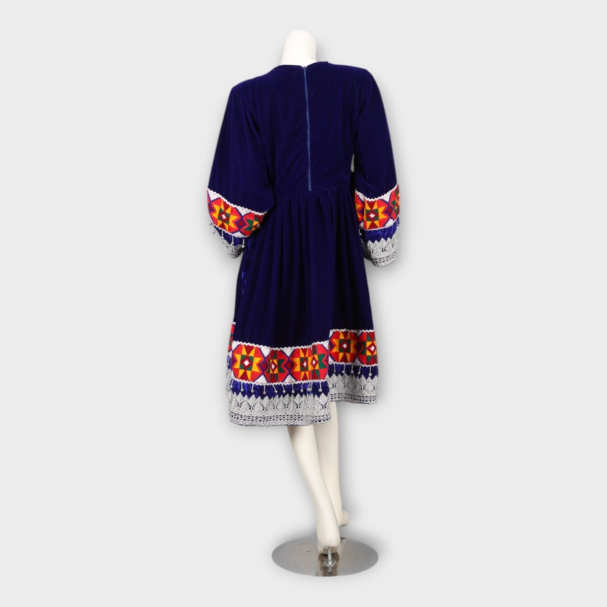 Navy Blue Traditional Afghan Dress with Red Dupatta and Colorful Embroidery 3