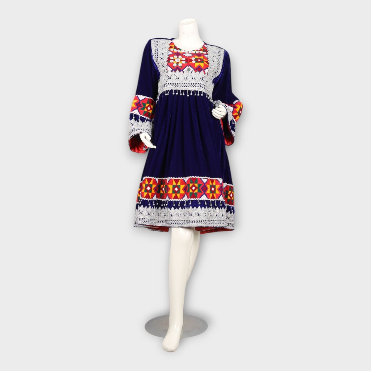 Navy Blue Traditional Afghan Dress with Red Dupatta and Colorful Embroidery 2