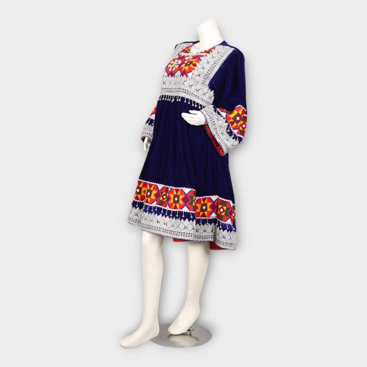 Navy Blue Traditional Afghan Dress with Red Dupatta and Colorful Embroidery 4