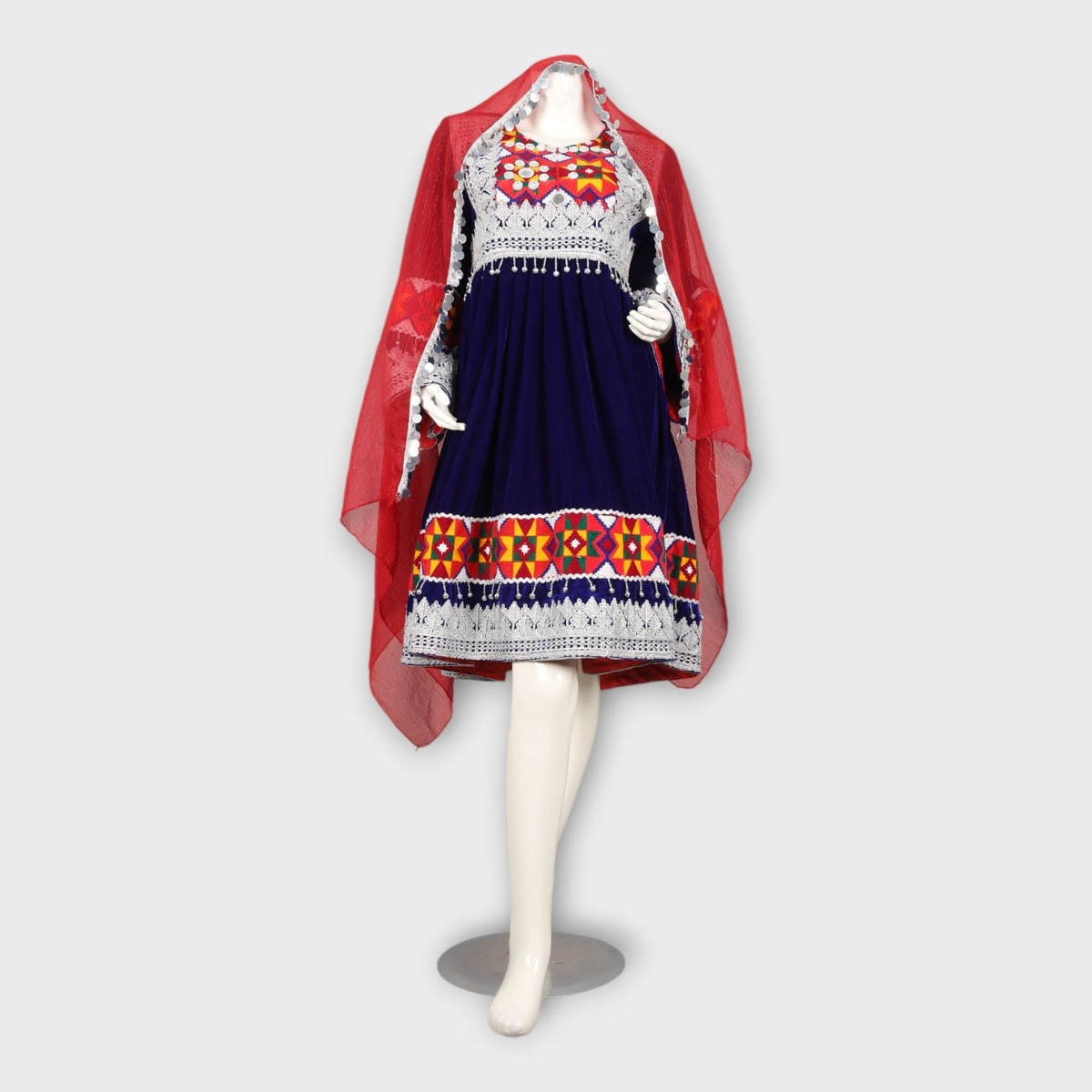 Navy Blue Traditional Afghan Dress with Red Dupatta and Colorful Embroidery 6
