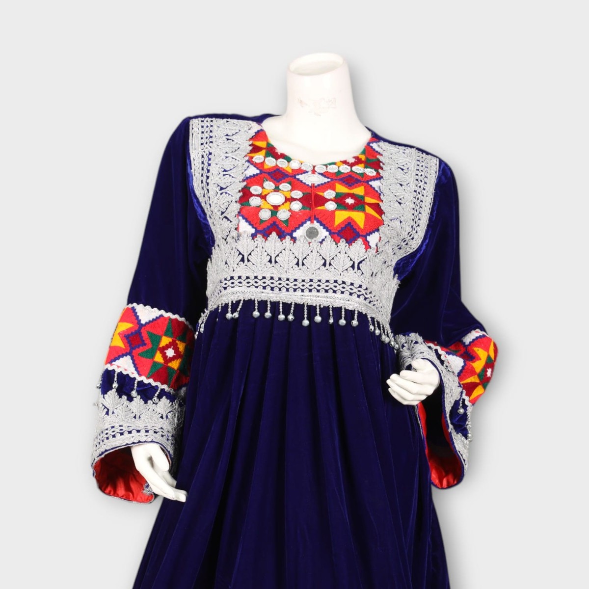 Navy Blue Traditional Afghan Dress with Red Dupatta and Colorful Embroidery 5