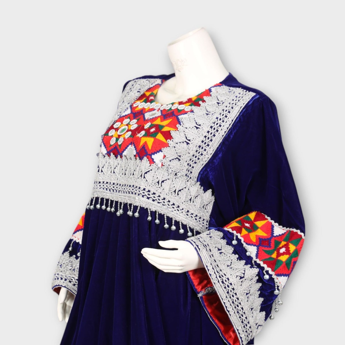 Navy Blue Traditional Afghan Dress with Red Dupatta and Colorful Embroidery 1