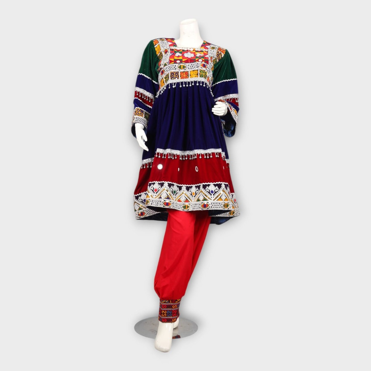 Navy and Red Traditional Afghan Three-Piece Dress with Embroidery and Red Dupatta 5