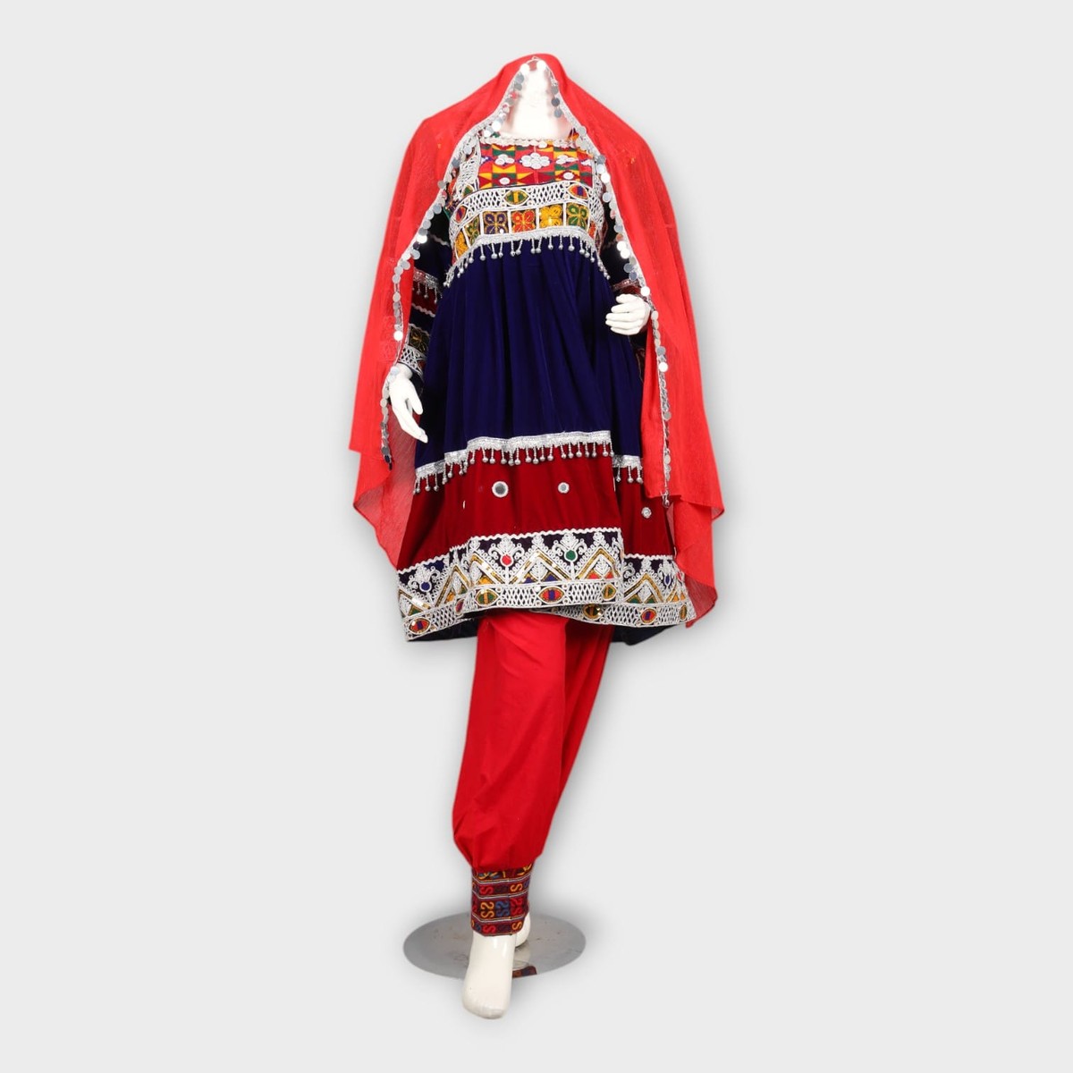 Navy and Red Traditional Afghan Three-Piece Dress with Embroidery and Red Dupatta 6