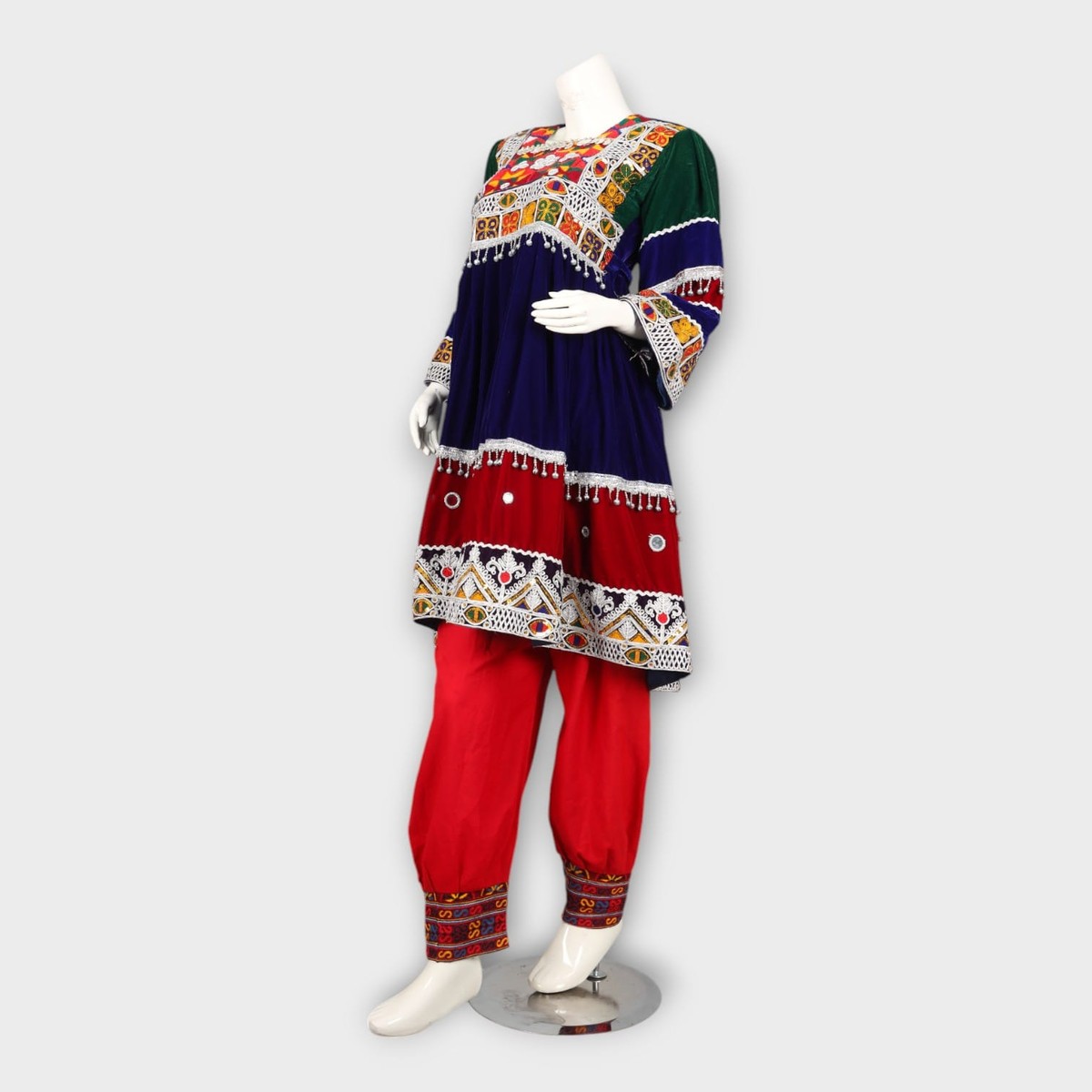 Navy and Red Traditional Afghan Three-Piece Dress with Embroidery and Red Dupatta 2