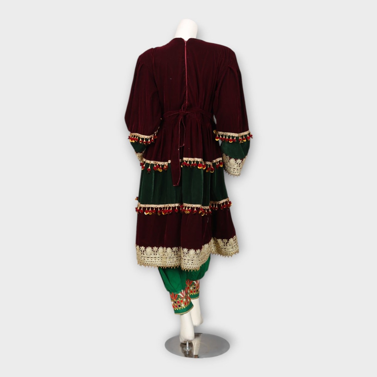 Velvet Maroon & Green Traditional Afghan Dress 4