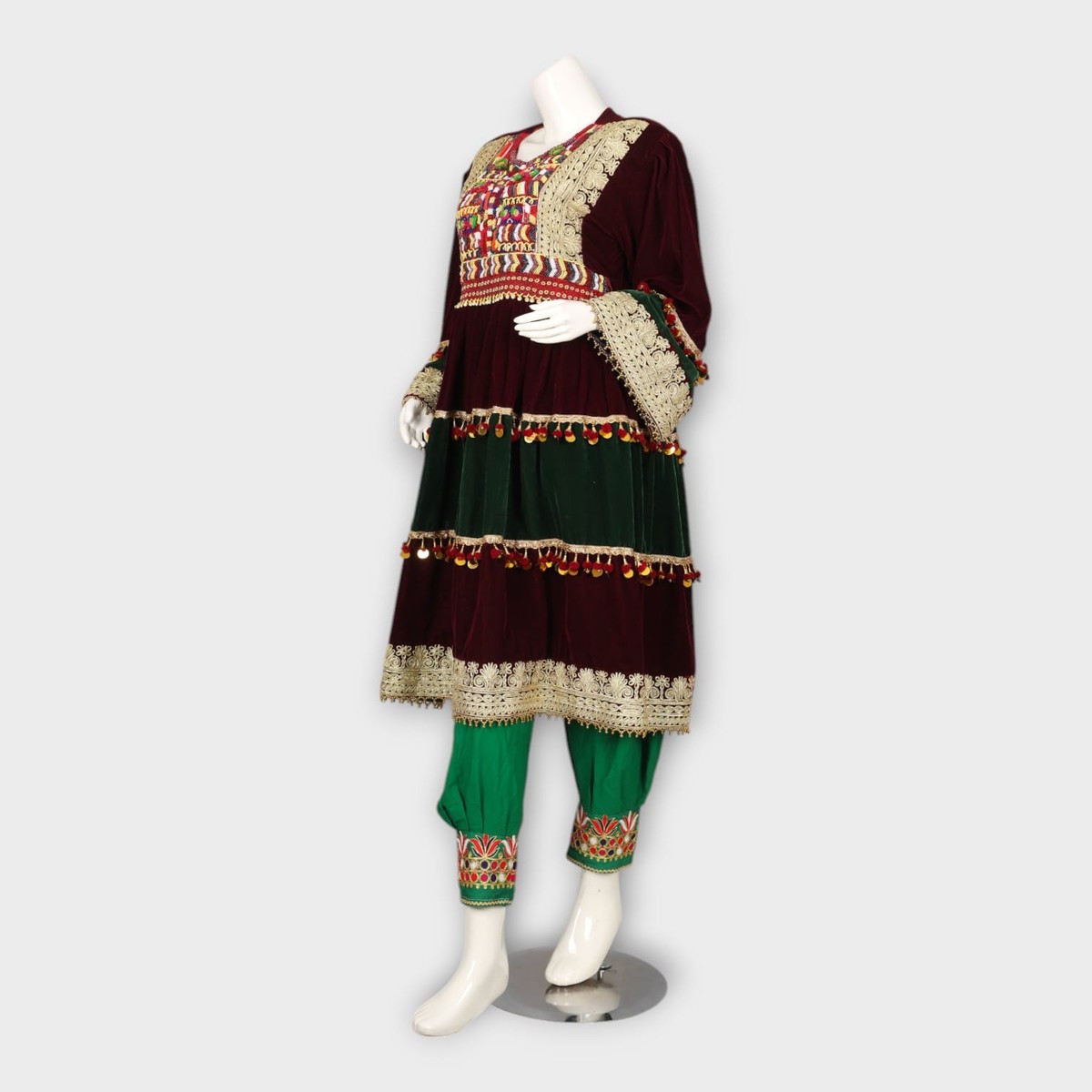 Velvet Maroon & Green Traditional Afghan Dress 7