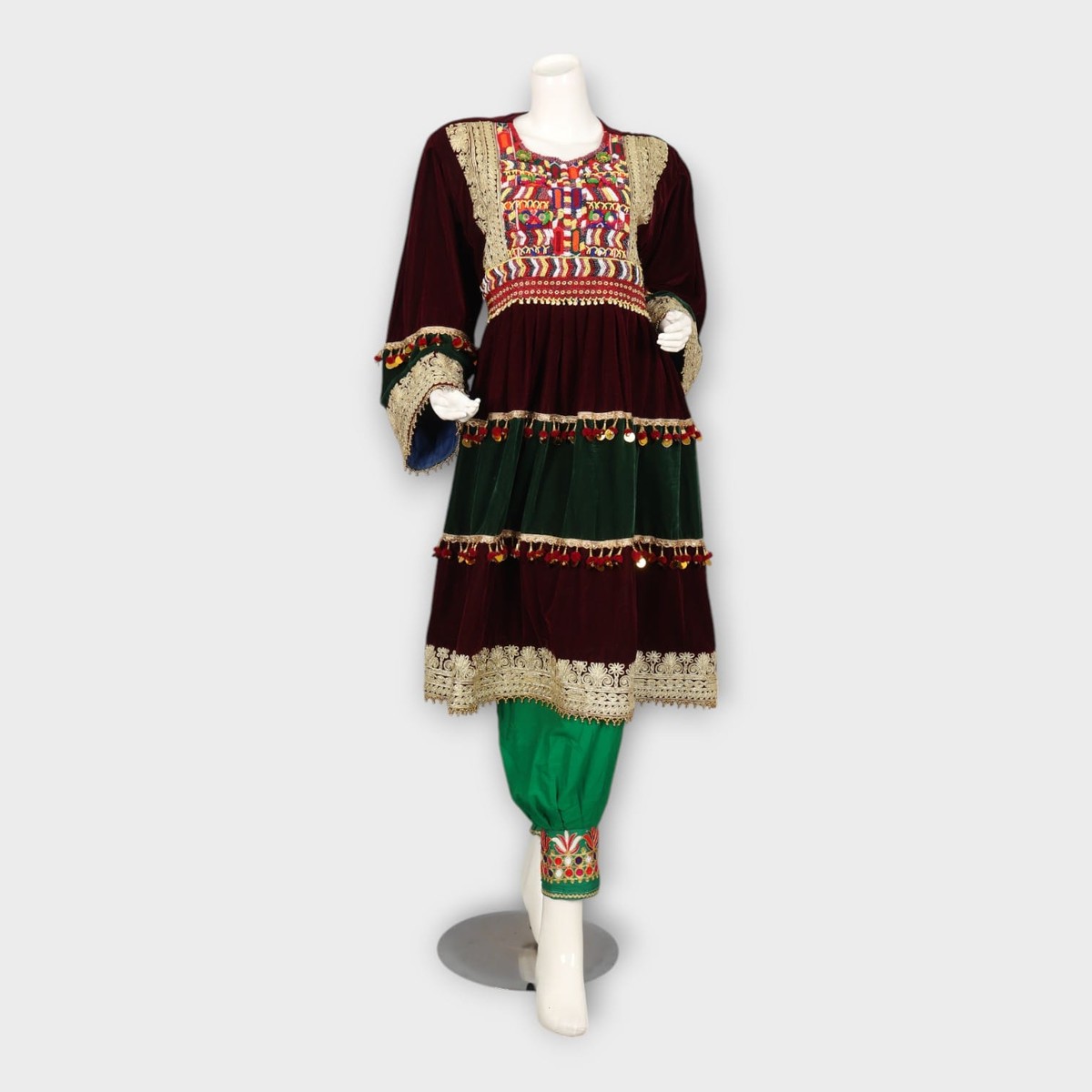 Velvet Maroon & Green Traditional Afghan Dress 6
