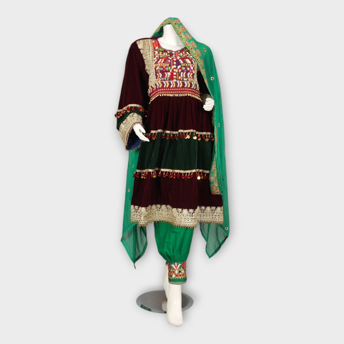 Velvet Maroon & Green Traditional Afghan Dress 2