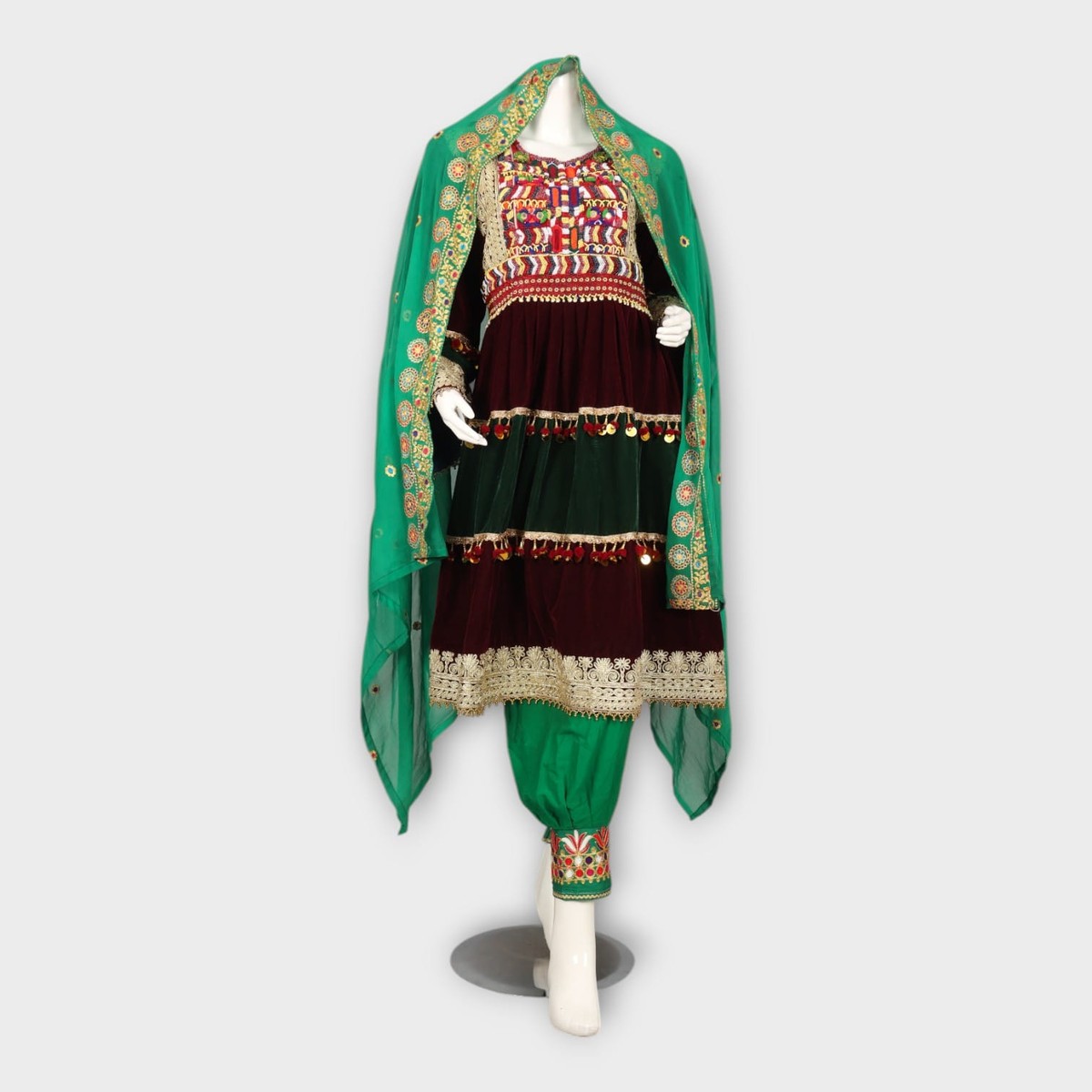 Velvet Maroon & Green Traditional Afghan Dress 3