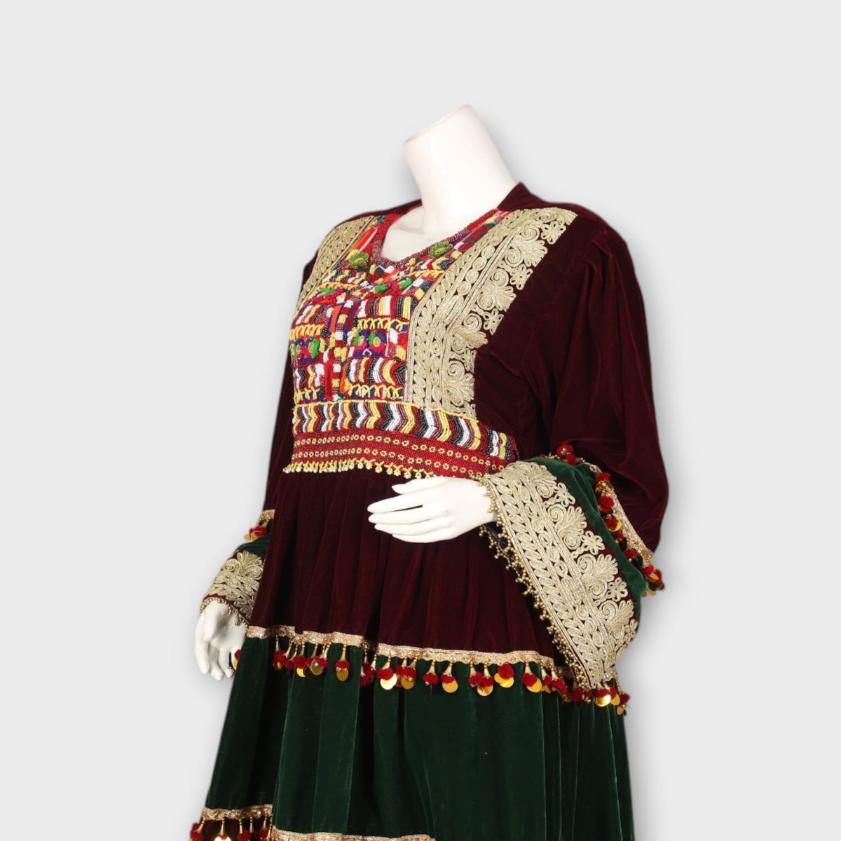 Velvet Maroon & Green Traditional Afghan Dress 5