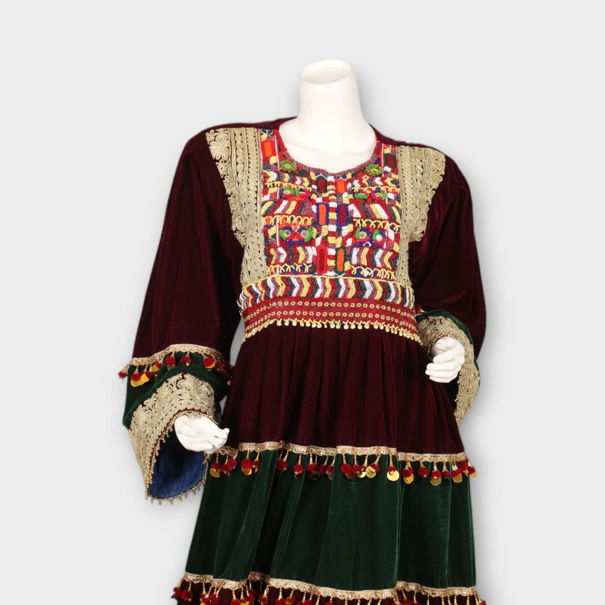 Velvet Maroon & Green Traditional Afghan Dress 1