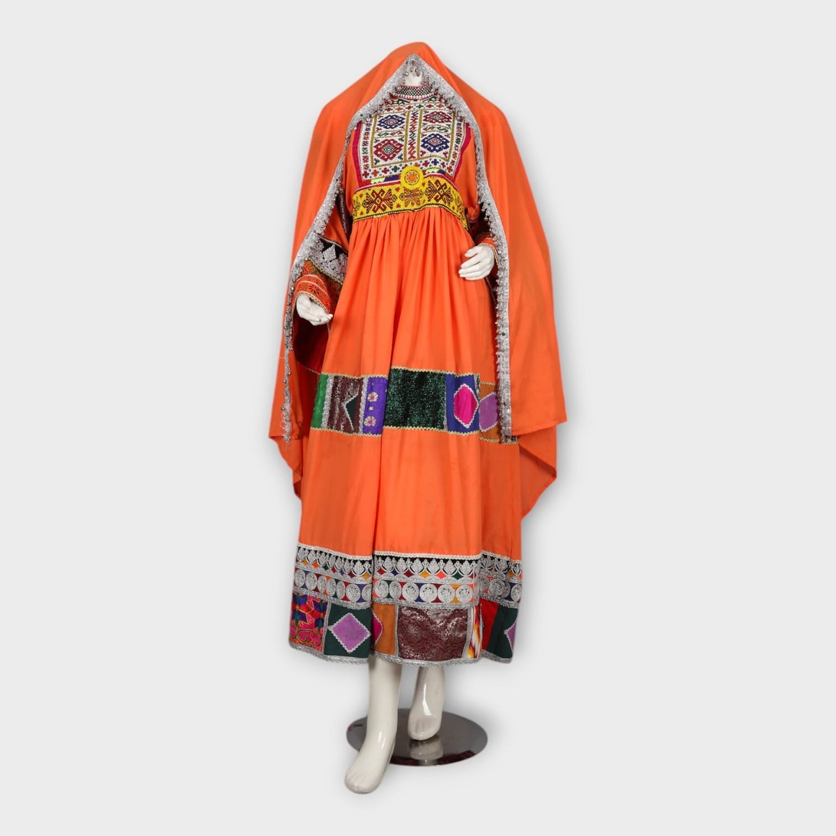 Orange Traditional Afghan Dress with Patchwork and Embroidery 5