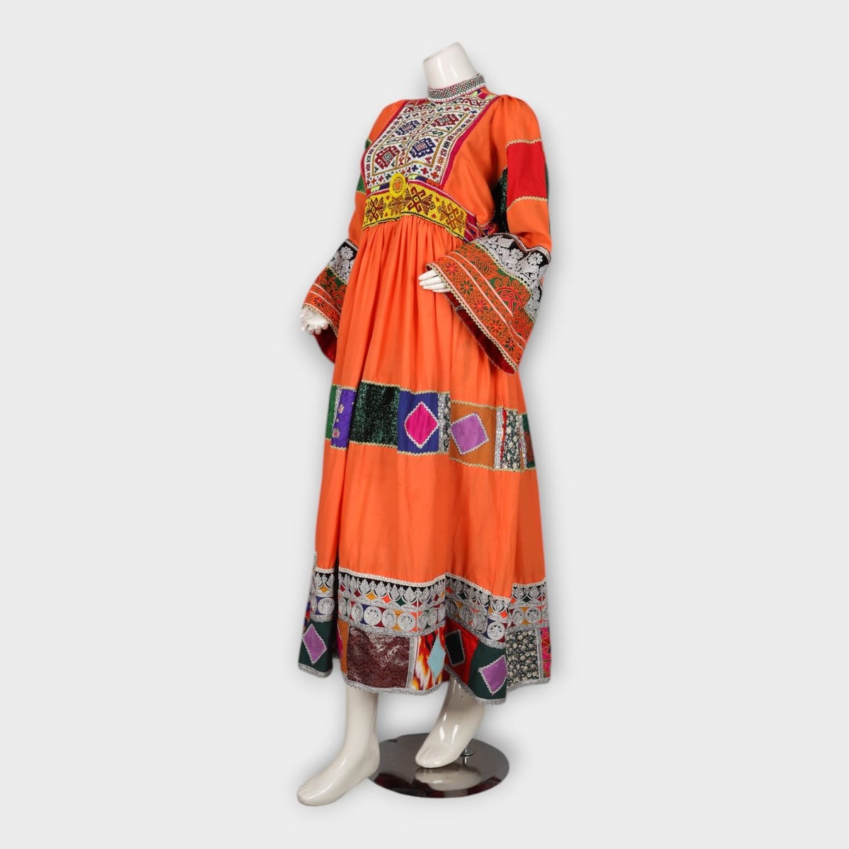 Orange Traditional Afghan Dress with Patchwork and Embroidery 3
