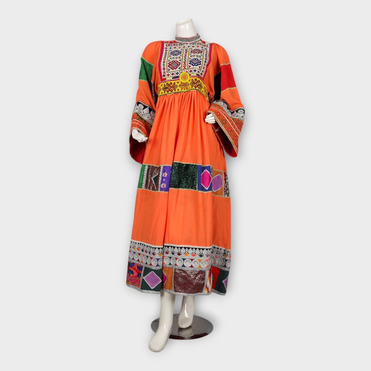 Orange Traditional Afghan Dress with Patchwork and Embroidery 6