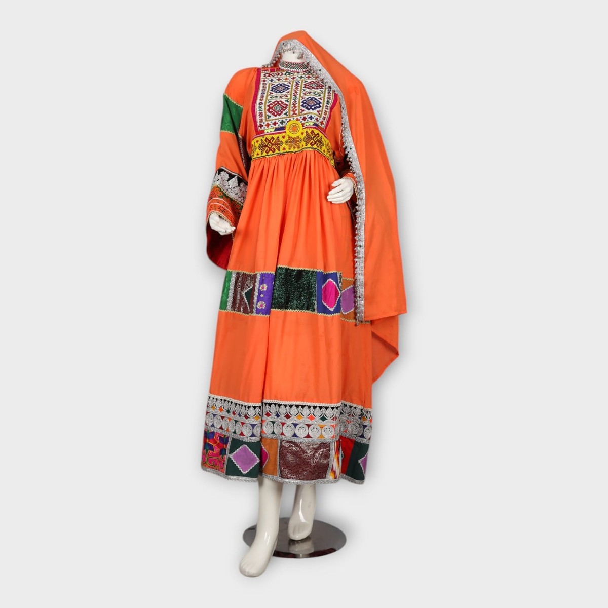 Orange Traditional Afghan Dress with Patchwork and Embroidery 4