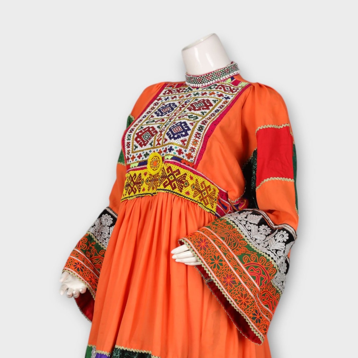 Orange Traditional Afghan Dress with Patchwork and Embroidery 2