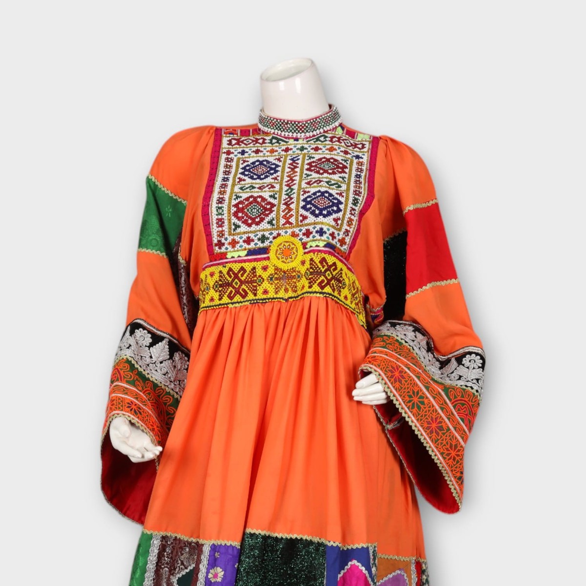 Orange Traditional Afghan Dress with Patchwork and Embroidery 7