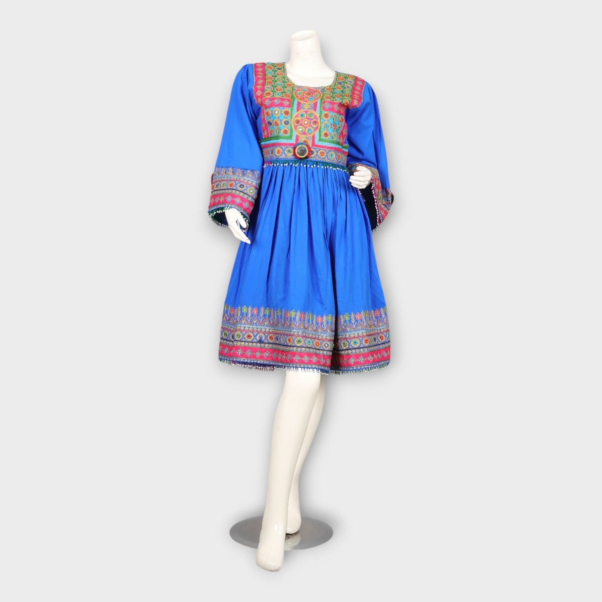 Bright Blue Traditional Afghan Dress with Colorful Chest and Hem Embroidery 7