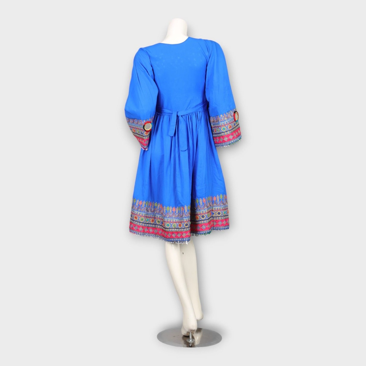 Bright Blue Traditional Afghan Dress with Colorful Chest and Hem Embroidery 6