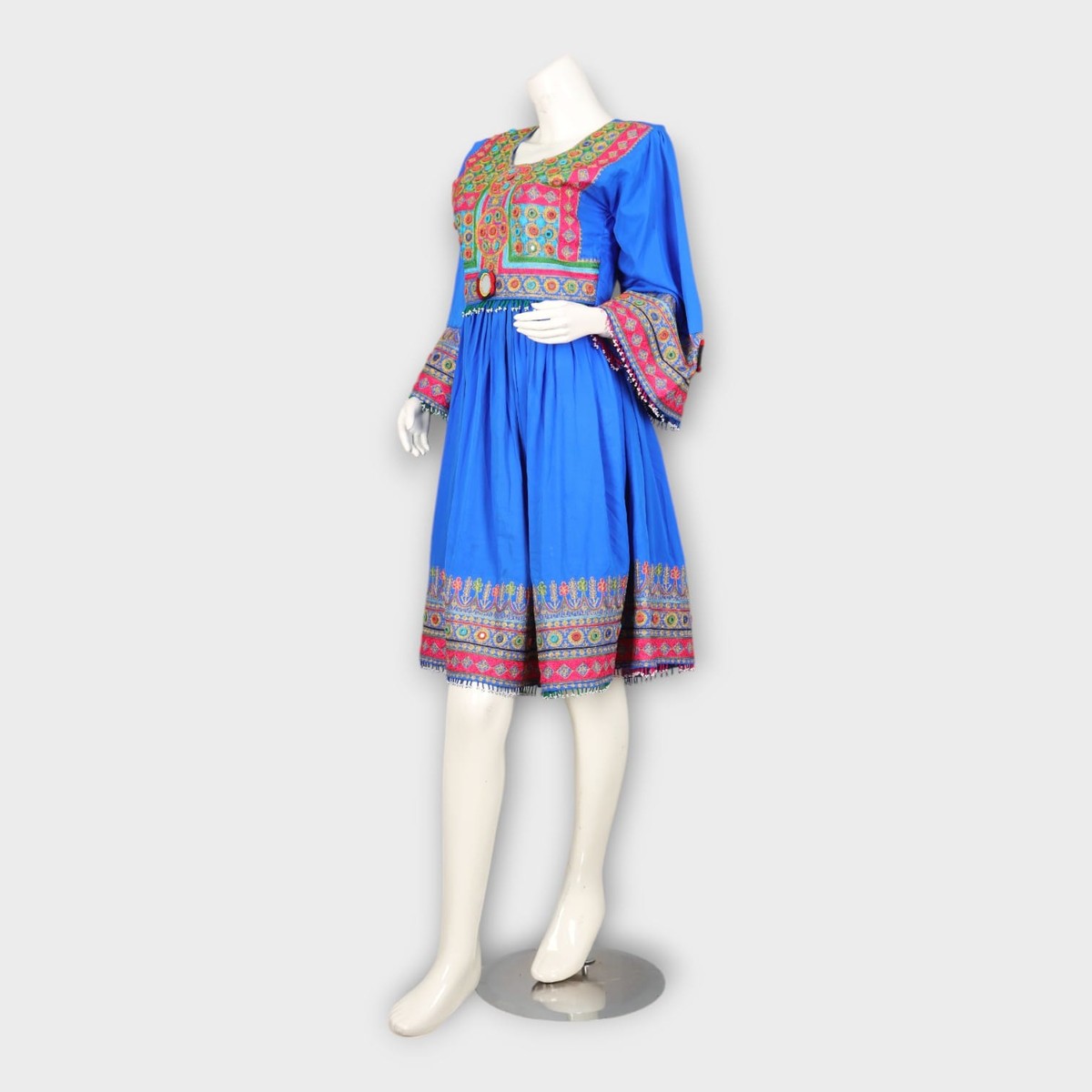Bright Blue Traditional Afghan Dress with Colorful Chest and Hem Embroidery 2