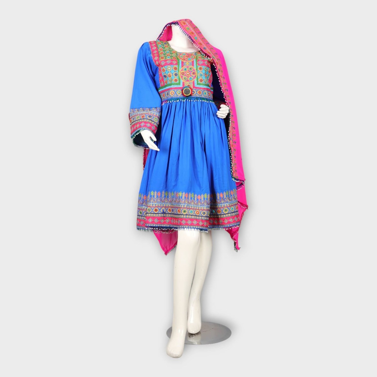 Bright Blue Traditional Afghan Dress with Colorful Chest and Hem Embroidery 5