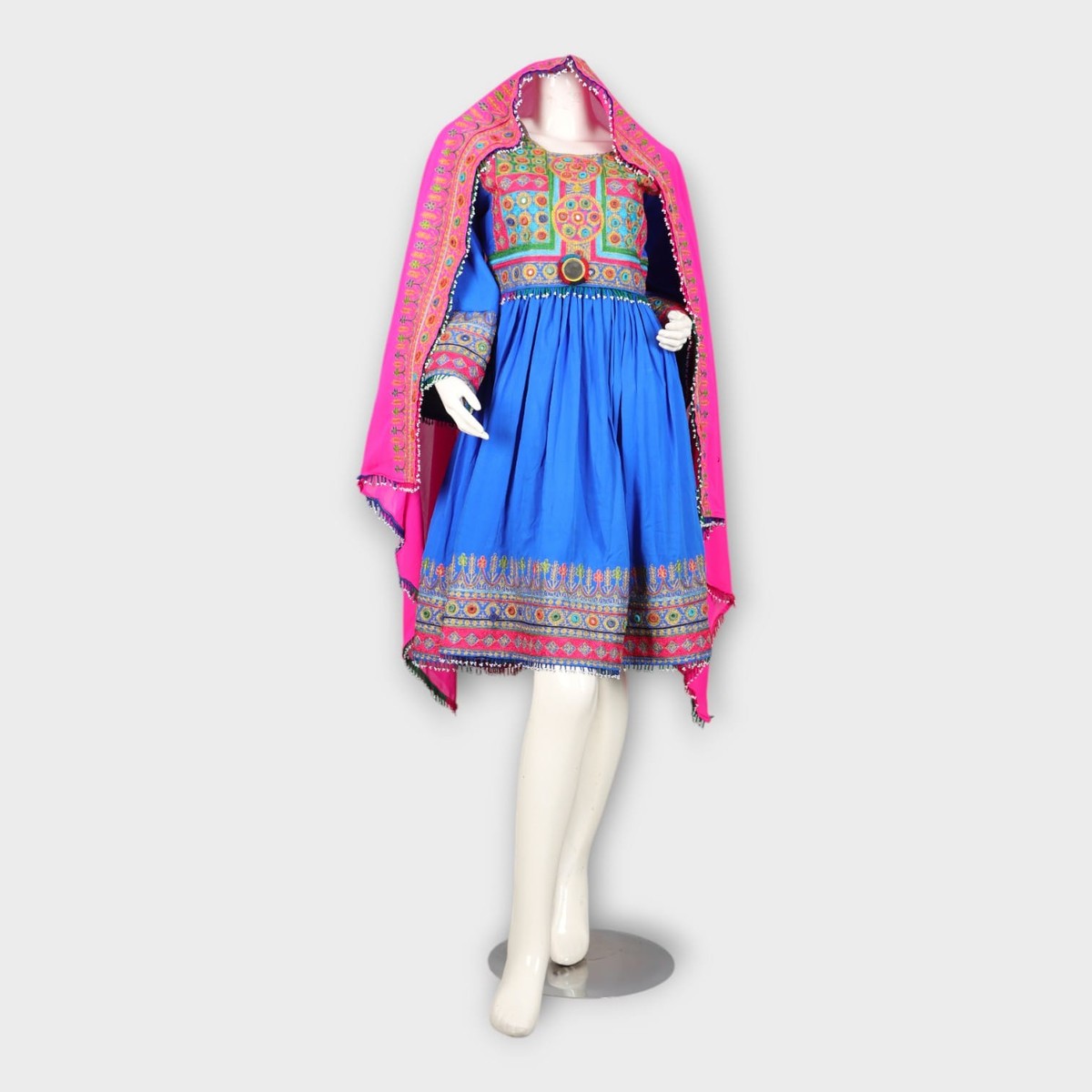 Bright Blue Traditional Afghan Dress with Colorful Chest and Hem Embroidery 1