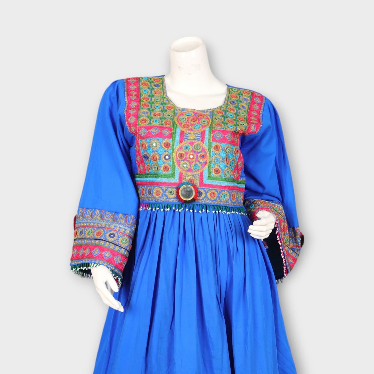 Bright Blue Traditional Afghan Dress with Colorful Chest and Hem Embroidery 4