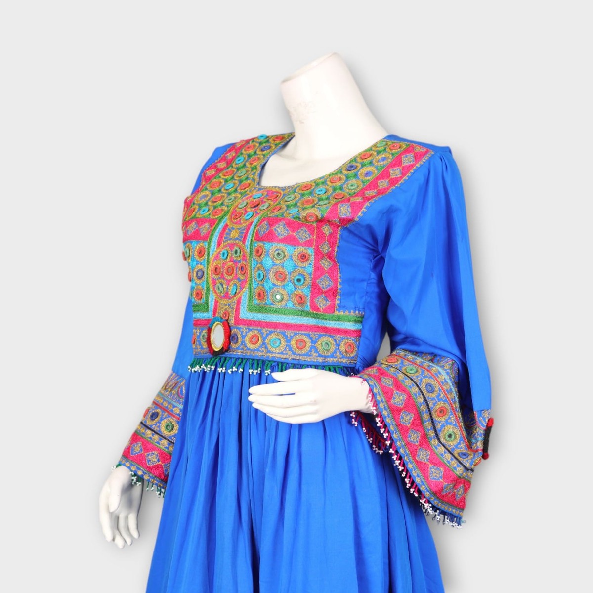 Bright Blue Traditional Afghan Dress with Colorful Chest and Hem Embroidery 3