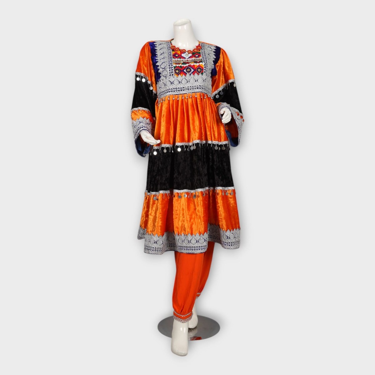 Orange & Black Velvet Traditional Afghan Dress 1