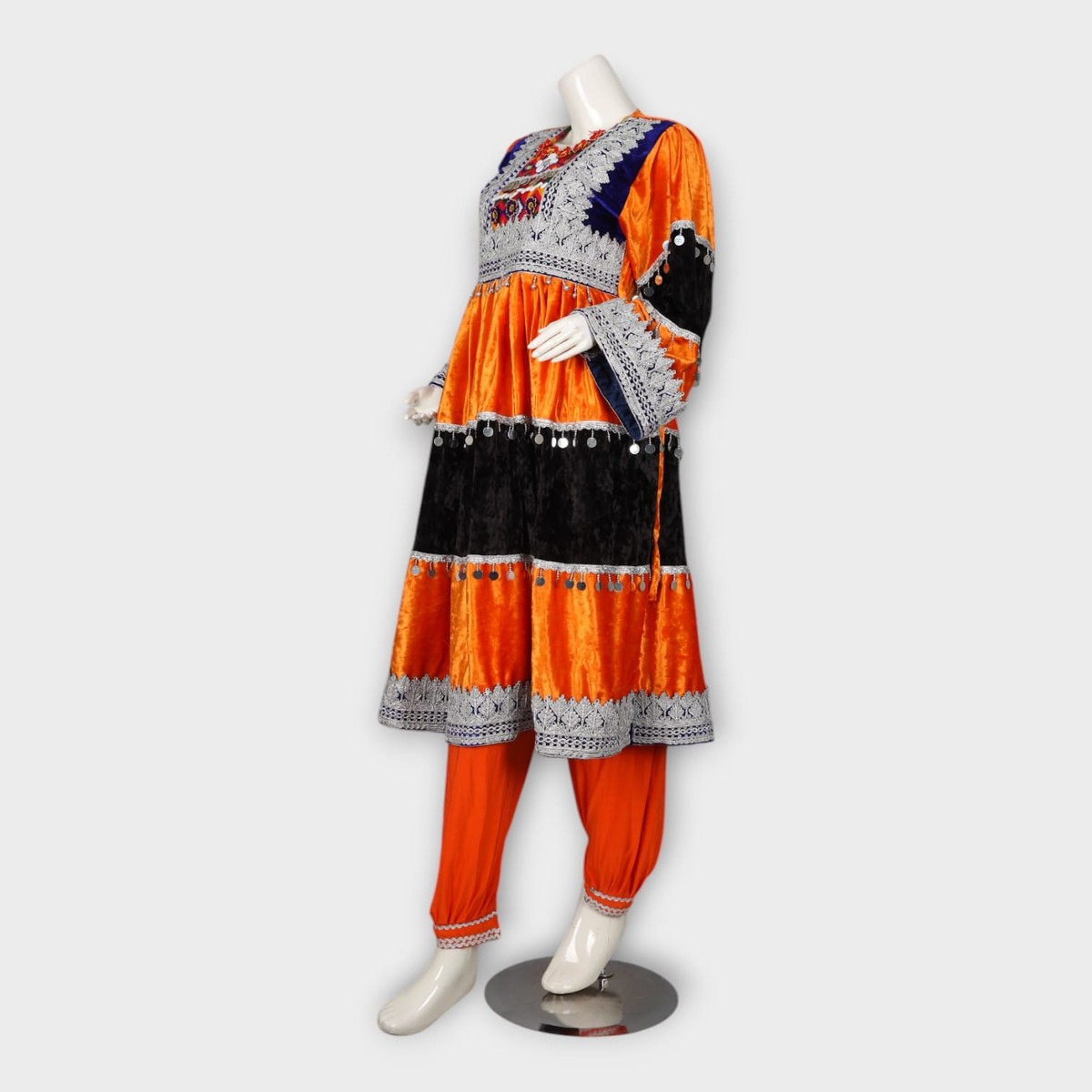 Orange & Black Velvet Traditional Afghan Dress 4