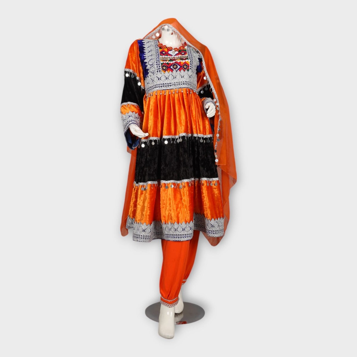 Orange & Black Velvet Traditional Afghan Dress 6