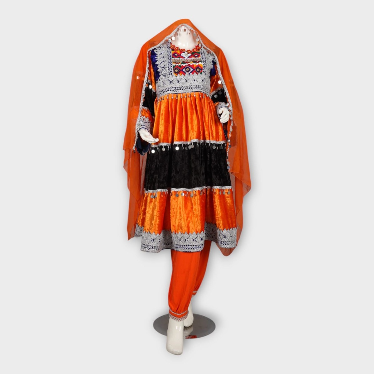 Orange & Black Velvet Traditional Afghan Dress 5