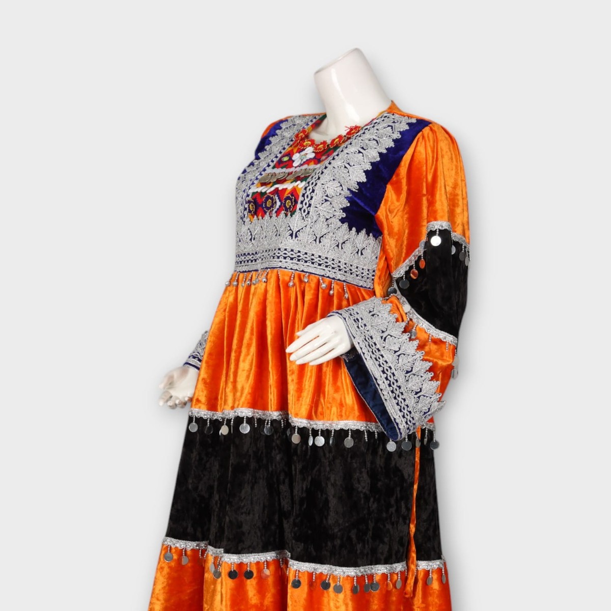 Orange & Black Velvet Traditional Afghan Dress 7