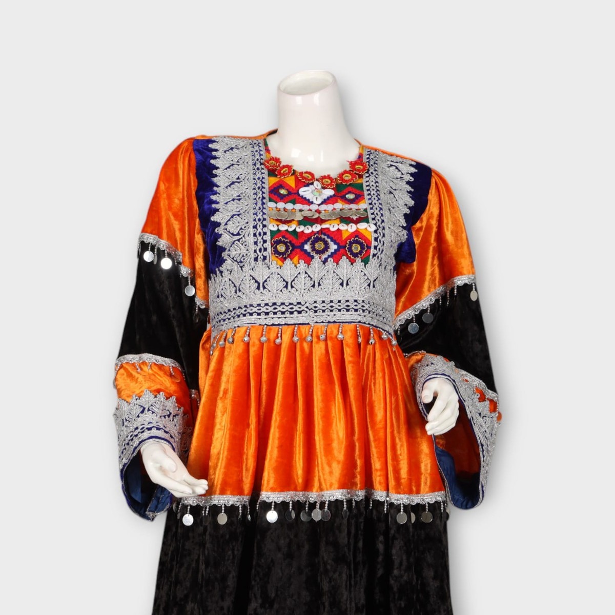 Orange & Black Velvet Traditional Afghan Dress 2