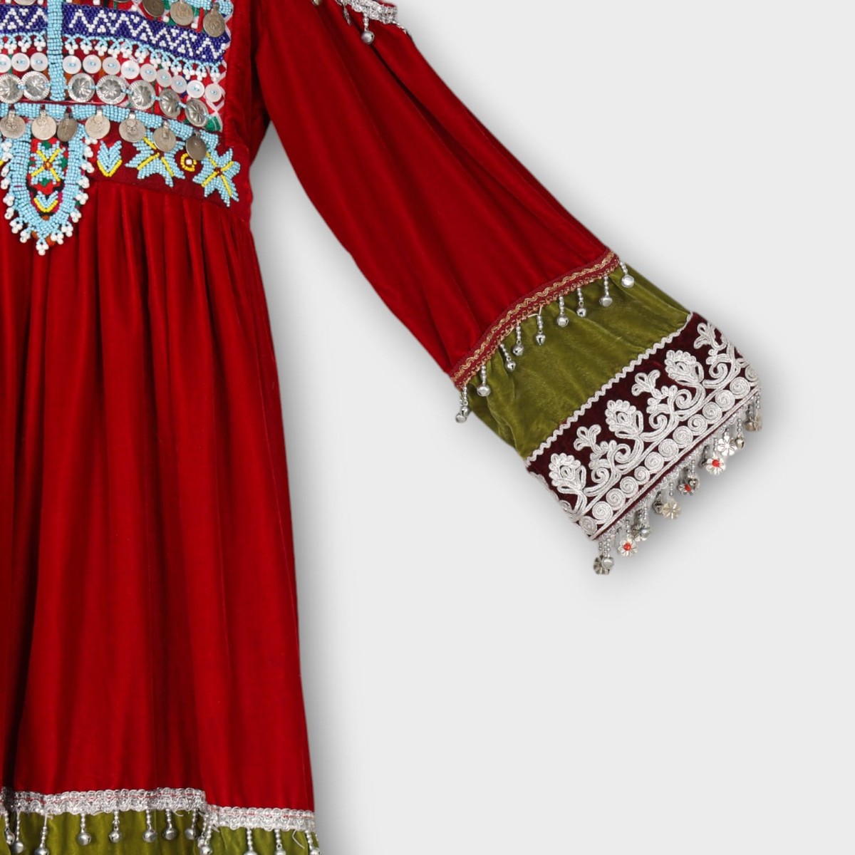 Red & Green Traditional Afghan Kids Dress with Embroidery 1
