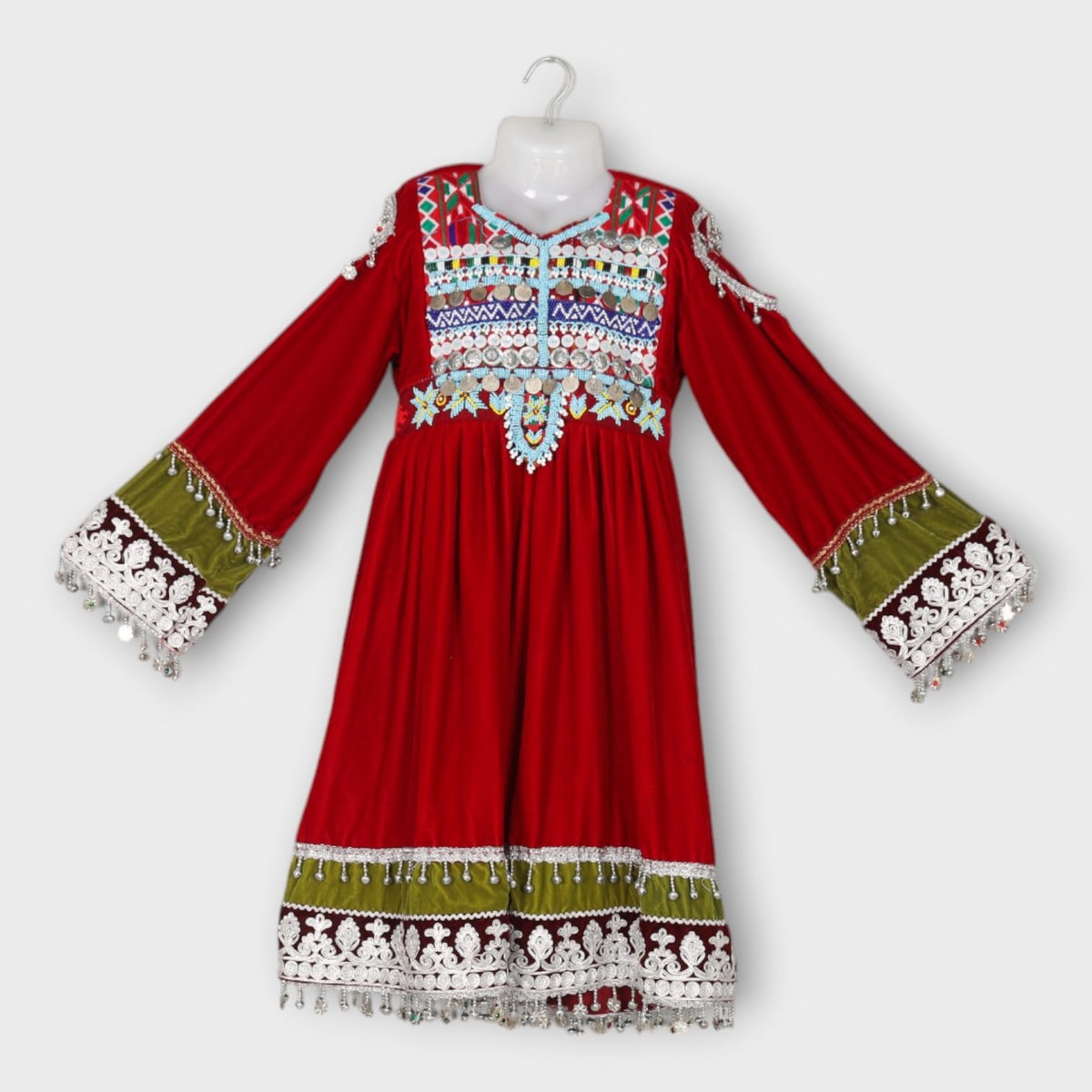 Red & Green Traditional Afghan Kids Dress with Embroidery 2