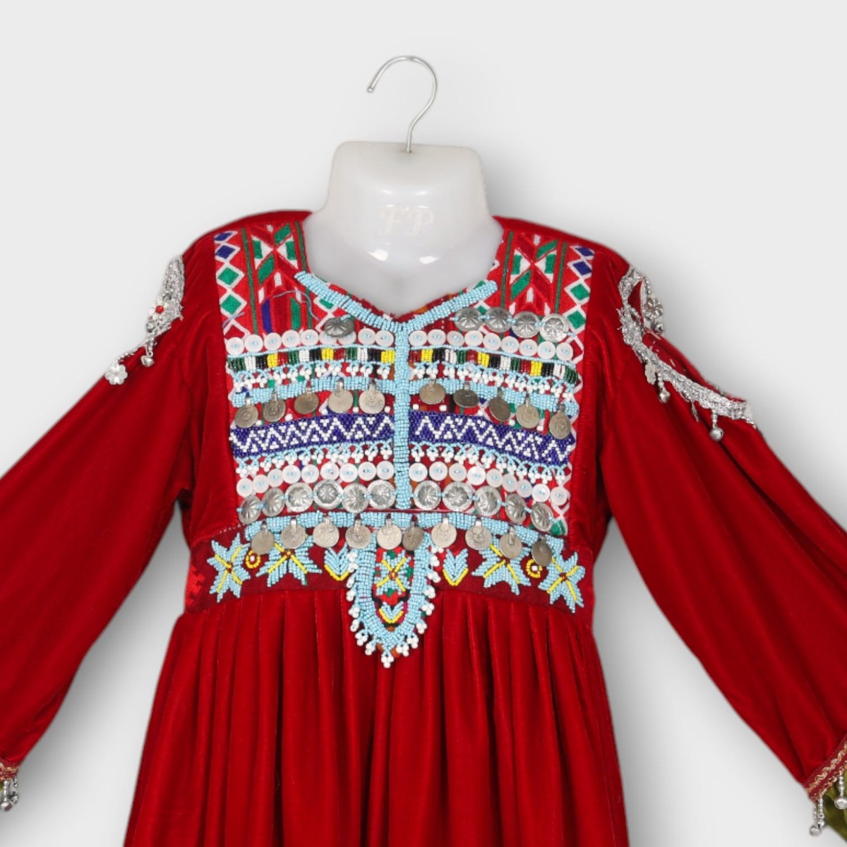 Red & Green Traditional Afghan Kids Dress with Embroidery 3