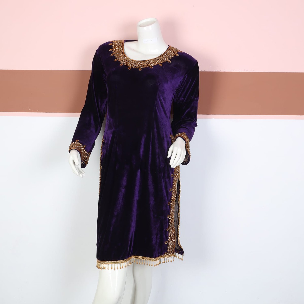 Deep Purple Velvet Afghani Dress with Golden Beadwork 2