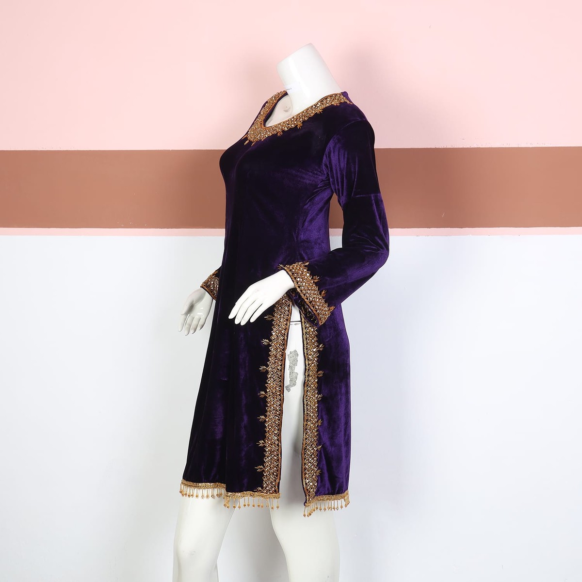 Deep Purple Velvet Afghani Dress with Golden Beadwork 1