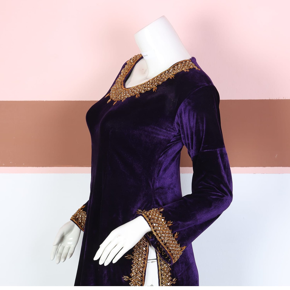 Deep Purple Velvet Afghani Dress with Golden Beadwork 3